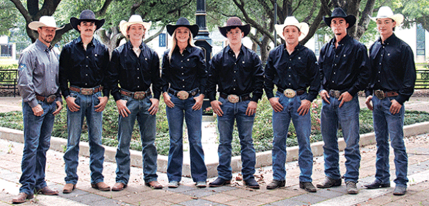 McNeese Rodeo team members going to the College National Finals Rodeo in Casper, Wyoming. From left, are Coach Justin Browning, Drew Bordelon, Caleb Miller, Kamryn Duncan, Kash Martin, Isaac Richard, Jude Leonards and Kash Krogman. Not pictured is Brad Hesnor. (Submitted photo)