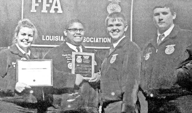 Eunice High’s FFA Chapter racked up during the annual FFA State Convention held in Monroe. Tori Cormier, left, Kendall Fontenot, Cameron Fontenot, and Lane Thibodeaux received the Bronze Emblem and Superior Status in the National FFA Chapter Award. 