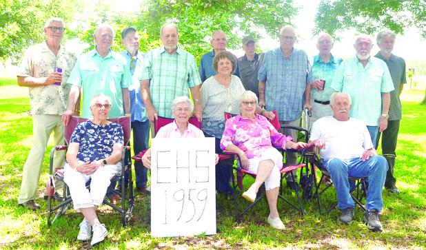 The Eunice High School Class of 1959 held a reunion on June 20 at the home of classmate Clarence Martel. Fifteen of the graduates attended. Front, from left, are Lena Mae Klein, Jeanette Young, Lorene Carlin and Clarence Martel. Back row, from left, are Raleigh Jenkins, Augie Courville, Buzz Smith, Tommy Bouquet, Albert LeDoux, Bobbie Sue Feucht, Dale Sittig, Richard Martel, Morris Pitre, and Tommy Myers. Not pictured are Michael Roy and Terry Carlin. (Submitted photo)