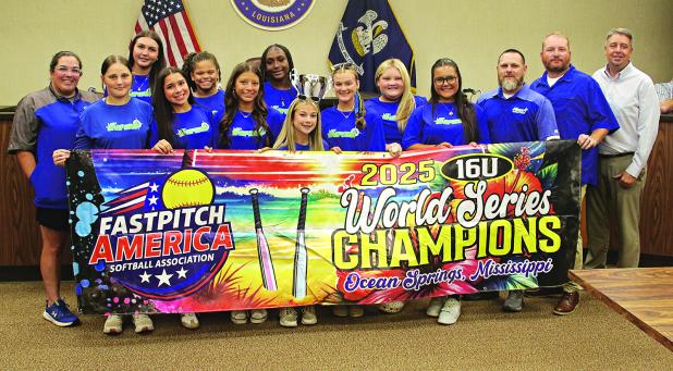 The Eunice mayor and aldermen recognized the Lady Snipers 14U softball team for winning the 2025 Fastpitch America Softball Association World Series 16U Championship. The team’s head coach is Alderman Randall Reed. Shown from left at the July 8 Board of Aldermen and mayor’s meeting are  Assistant Coach Mary Guillory, Lexie Breaux, Layna Fontenot, Maeli Poncho, Jhayla Charlot, Sarah LaCoste, Arianna Zackery, Zoi’ McCauley, Isabella Bourgeois, Emma-Kate Reed, Rhylee Guillory, Assistant Coach Billy McCauley, H