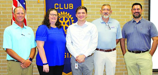 The Rotary Club speaker Wednesday was Colie Plaster with Cleco. From left, are Tommy Hebert, Cleco government affairs manager; Erika Fontenot, Rotary Club president; Colie Plaster, Cleco communications representative; Willie Bergeron, Cleco governmental service representative; and Jacob Bergeron, Rotarian. Plaster was the guest of Bergeron. (Photo by Myra Miller)