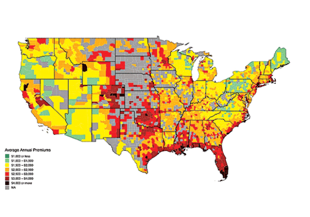 The map shows average annual household insurance premiums. A recent study published by the National Bureau of Economic Research showed that, on average, annual insurance premiums have increased by 33% in the last three years — from $1,902 in 2020 to $2,530 in 2023.