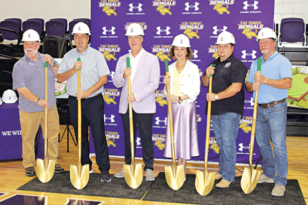 The new Bengal Stadium was celebrated on Friday with indoor groundbreaking. From left, are Marion “Nootsie” Sattler, Eunice City Council alderman at-large; Scott Fontenot, City of Eunice mayor; Jeff Willis, LSU Eunice athletic director; Dr. Nancee Sorenson, LSU Eunice chancellor; Beau Petitjean, Acadia Parish Police Jury; and Jeffery Morgan, Acadia Parish Police Jury. (Photos by Rhett Manuel)  