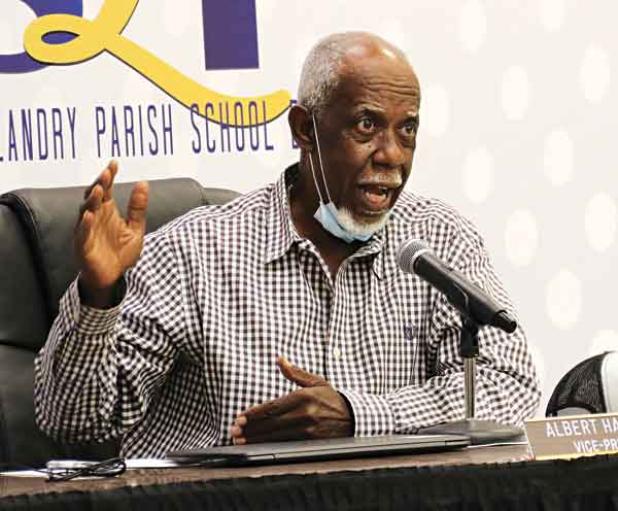 St. Landry Parish School Board member Albert Hayes Jr., of Eunice, makes a point about the need for vaccines and face masks to combat the delta strain of COVID-19 at the Board’s meeting Thursday in Opelousas. The School Board voted to require all students to wear face masks indoor. (Photo by Harlan Kirgan)