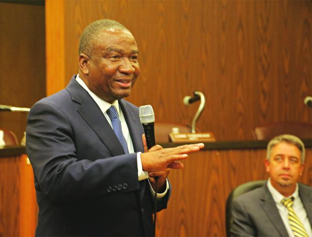 U.S. Rep. Ceo Fields speaks at a town hall on Tuesday at the Eunice City Council Chambers. At right is Eunice Mayor Scott Fontenot. Attendance was at capacity for the event for the 6th Distirct representative. (Photos by Harlan Kirgan)