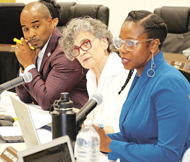 The St. Landry Parish School Board began reviewing its 2023-24 budget at a Committee of the Whole meeting on Wednesday in Opelousas. From left, are Milton Batiste III, superintendent, Mary Ellen Donatto, Board vice president, and Shaun Grantham, finance director. (Photo by Harlan Kirgan)
