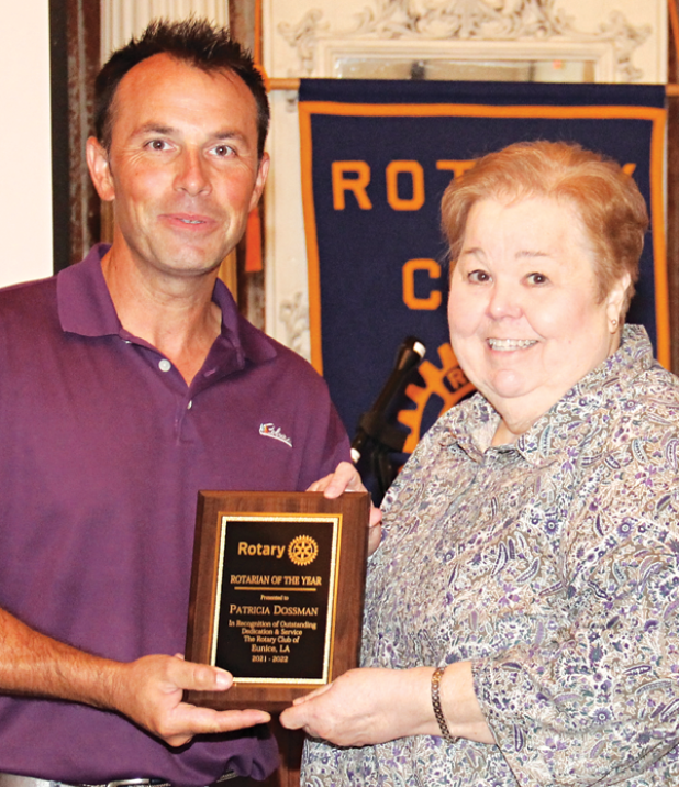 Patricia Dossman was honored as Eunice’s Rotarian of the Year at the club’s meeting on Wednesday. Presenting the award was Coby Clavier, immediate past president, who said Dossman is “Rotary through and through.” Dossman called Rotary Club members outstanding citizens. (Photo by Harlan Kirgan) 