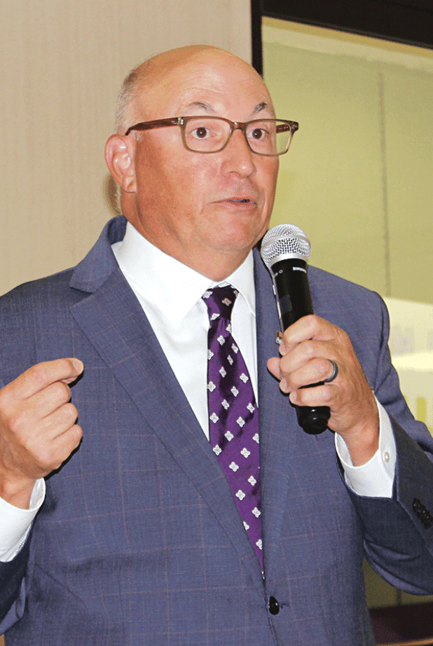 Dr. Matt Lee, vice president for Agriculture and Dean of College of Agriculture, spoke to the Eunice Rotary Club recently about the LSU’s impact on the state’s $12 billion agriculture business. (Photo by Myra Miller)