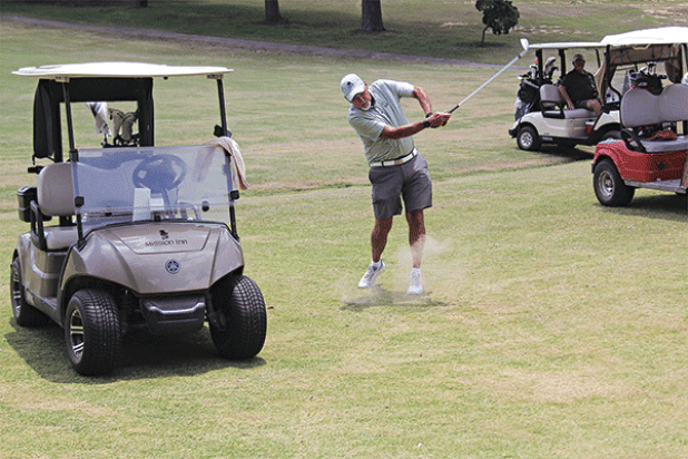 Ernie Deloach fires off a shot during the Deux Coupes Paroissial held at the Ville Platte and Eunice country clubs. (Ville Platte Gazette photo)