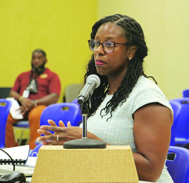 Shaun Grantham, St. Landry Parish School Board chief financial officer, explains budget details during a Committee of the Whole meeting in Opelousas on Thursday. The committee approved the budget to move to the full Board meeting on Sept. 4. (Photo by Harlan Kirgan)