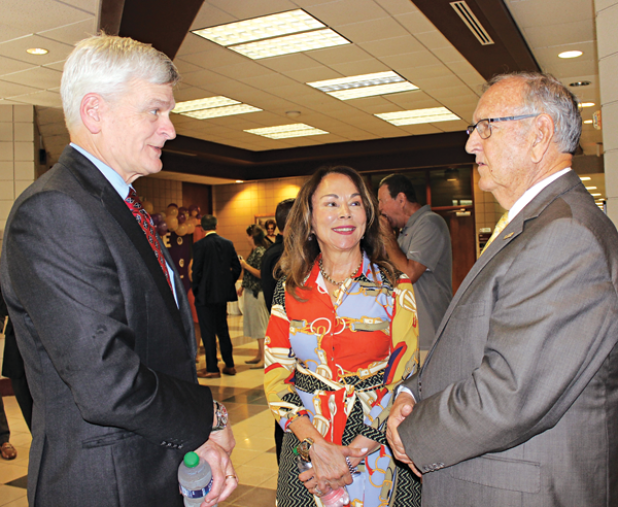 Senator Bill Cassidy, LSUE Chancellor Nancee Sorenson and LSU Board of Supervisor Wayne Brown chat prior to Cassidy’s announcement in LSUE’s Health Allied & Science building. Senator Cassidy presented a $1 million grant to the Health Allied & Science department. The grant includes buying  virtual dissection and physiology simulation. (Photo by Myra Miller)