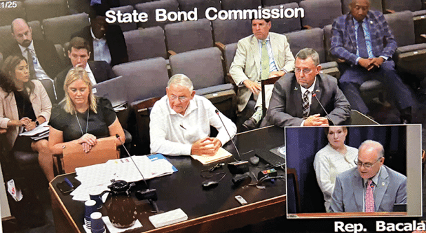 A still image captured from Thursday’s State Bond Commission session in Baton Rouge. Seated, from left, are Lela Folse, commission director; Harold Taylor, Parish Council Administrative-Finance Committee chairman; and Jessie Bellard, St. Landry Parish president. View the State Bond Commission hearing at: https://senate.la.gov/VOD/senate/2025/08/082125sbc.mp4. The portion about St. Landry Parish occurs toward the end of the video. 