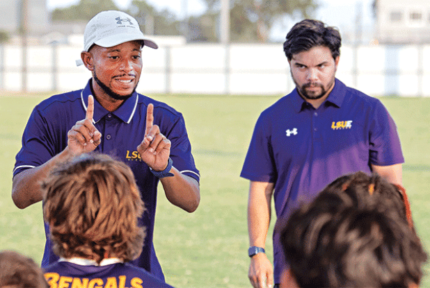 From left, LSUE head soccer coach John Plumbar and assistant Braeden Hoppough during a recent preseason game. (LSUE photo)