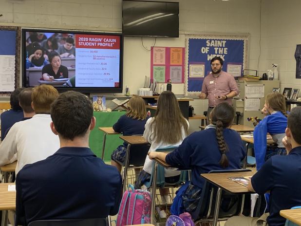 Sam Farmer, an admissions counselor, with UL Lafayette, gave a presentation to senior students Tuesday 