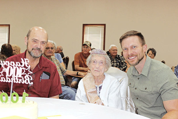 Hazel Reeves celebrated her 100th birthday Aug. 20, and again with her friends at First Baptist Church Thursday. From left, are Neil Reeves of Eunice, a son; Reeves; and the Rev. Andrew Bates, pastor of First Baptist Church. (Photo by Myra Miller) 