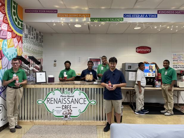 Eunice High’s special education department has undertaken a new fundraising project running the Community Coffee Cafe in the school’s Pierre Martel Renaissance Cafe. From left, are Michael Godeaux, Dacorey Jackson, Brian Monday, Christopher Moore, Ethan Fidler, Yhair Velazquez and Oncealom Goodwin. (Submitted photo)