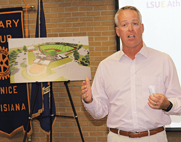 Jeff Willis, LSUE athletic director and head baseball coach, explains the plan for a new Bengal Baseball Stadium to the Eunice Rotary Club on Wednesday, (Photo by Myra Miller)