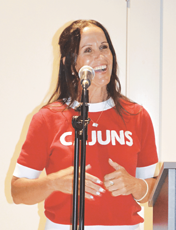 Crowley native and UL Softball Coach Alyson Habetz speaks to a standing-room-only crowd during a “Meet & Greet” event at Fezzo’s. Habetz takes over as the softball coach at the Lafayette university after 25 years as the associate head coach at the University of Alabama. (Photo by Steve Bandy/Crowley Post-Signal)