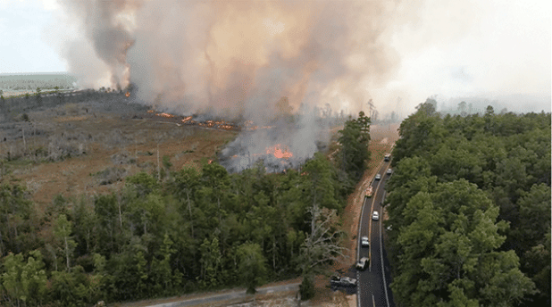 An image of a wildfire in Beauregard Parish from drone video taken Saturday. (Louisiana State Police)
