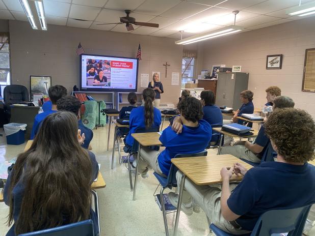 Kimmy Musumeche, admissions counselor at UL Lafayette, presented information to St. Edmund High seniors.