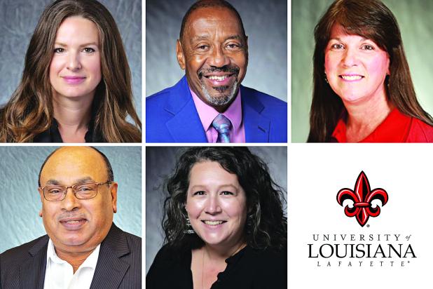 This year’s Eminent Faculty Award honorees at the University of Louisiana at Lafayette are, top row, from left, Dr. Aimee H. Barber, Dr. Quincy C. Hilliard, and Master Instructor Nona Leger Istre. Bottom row, from left, are Dr. Kalimuthu Krishnamoorthy and Dr. Claire Amy Schultz. (Photo by the University of Louisiana at Lafayette)
