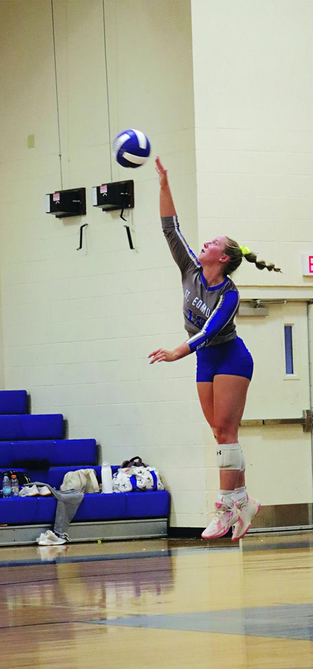 Ava Smith is shown serving as St. Edmund won all three sets against David Thibodeaux 25-5,25-18, and 25-20. (Photo by Amy Myers)