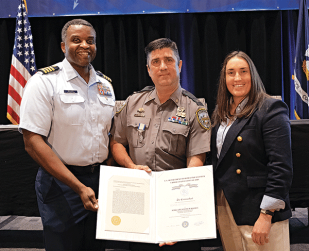 Capt. Ulysses Mullins, Coast Guard Eighth District Chief of Staff, Sgt. Stephen Rhodes and LDWF Secretary Madison Sheahan. (Louisiana Department of Wildlife and Fisheries photo)