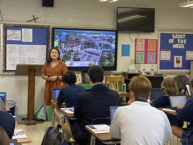Sadie Sells, enrollment services specialist from ULM, gave a presentation to St. Edmund High seniors.