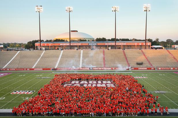 Incoming freshmen gather at Cajun Field in August following New Student Convocation. UL Lafayette enrolled a total of 3,066 first-time freshmen for the Fall 2023 semester, a 6.3% increase over last fall. (Photo credit: Doug Dugas / University of Louisiana at Lafayette)