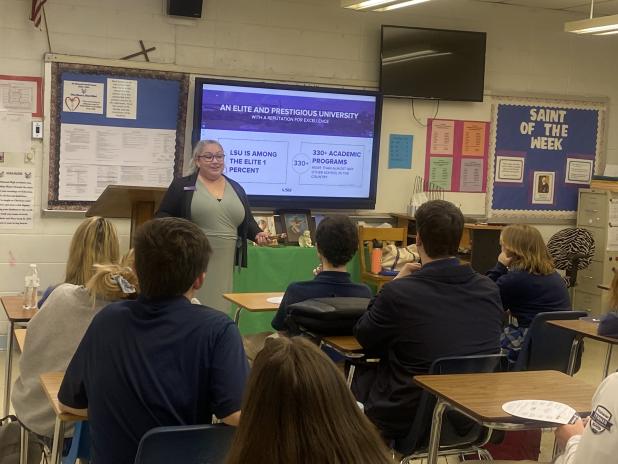 Karina Rafati, admissions counselor with LSU, talked with St. Edmund High seniors Tuesday 