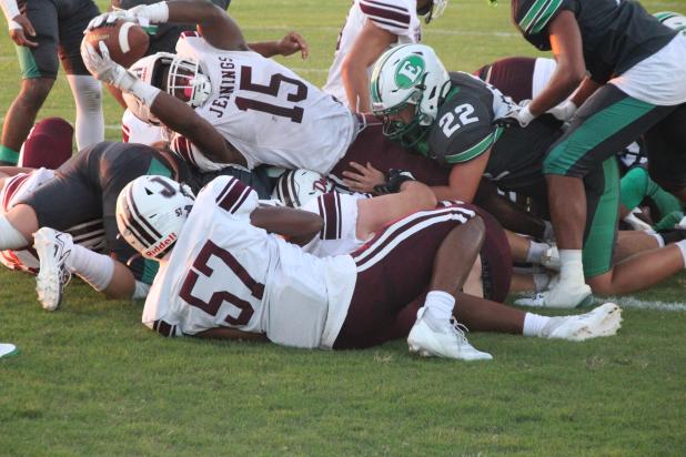 Eunice High’s linebacker Ashton Pedigo makes a tackle during the team’s recent 34-0 loss to Jennings. (Photo by Rhett Manuel)