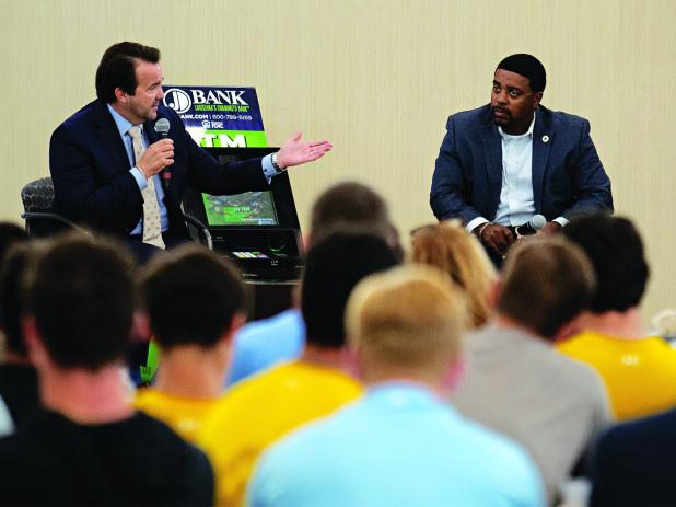 Louisiana House Speaker Phillip DeVillier, of Eunice, and State Rep. Dustin Miller, of Opelousas, help launch the LSUE series “Let’s Talk” on Thursday. (Submitted photo)