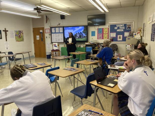 Mychell Lewis, admissions counselor and recruiter with LA Tech, was on campus at St. Edmund High.