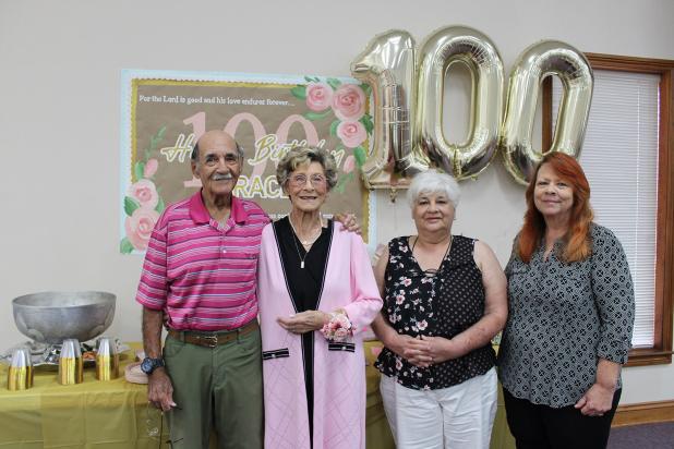 Celebrating with Grace Landreneau were some of her family members. From left are Billy McGee of Eunice, a brother; Landreneau; a daughter in law Greta Ardoin of Mamou; and a granddaughter Tanya Ezernack of Orange, Texas. (Photo by Myra Miller)