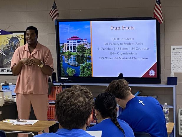 Ahmaad Solmone, director of orientation programs and special events, spoke to seniors at St. Edmund High on University of Louisiana at Monroe.