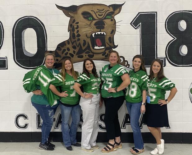 The Eunice High football game of week 4 vs. Northwest, jerseys were given to Therese Gianfala, left, chosen by #11 Tylon Cooper, Misty Guillory chosen by #7 John Watson, Katie Fontenot chosen by #21 Tyshun Joseph, Rebecca Berzas chosen by #25 Jeston Calloway, Jade Fontenot chosen by #58 Braxton Hamous, and Kasey Andrepont chosen by #35 Kynderrick Frank.