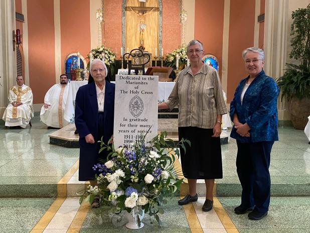 Sister Nell Murray, left, Sister Joel Miller and Sister Stephanie Brignac are pictured with a Gratitude for Many Years of Service plaque during a special Mass celebration of the Marianites and Sr. Nell Murray’s 70th Jubilee Year. (Submitted photos)