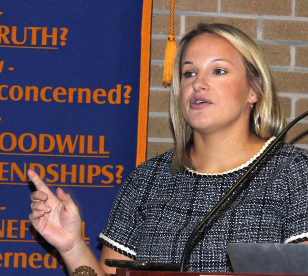 Alicia Mire explained the downtown plan at the Eunice Rotary Club meeting Wednesday. Mire is Main Street director. (Photo by Myra Miller)