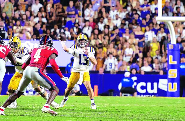 LSU quarterback Garrett Nussmeier in action against Ole Miss on Saturday in Baton Rouge. (Photo by Dwight Jodon)
