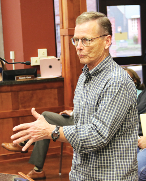 Lafayette attorney Bill Goodall speaks at the St. Landry Parish Council meeting in Opelousas on Oct. 20 about a suit to clean up the Mar Services site south of Cankton. (Photo by Harlan Kirgan/The Eunice News)