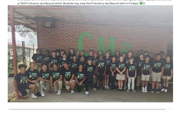 Central Middle students who earned mastery and/or advanced in English Language & Ars, Math, and/or Science on the Spring 2024 LEAP assessment received a Central Middle School Proficiency and Beyond shirts. 
