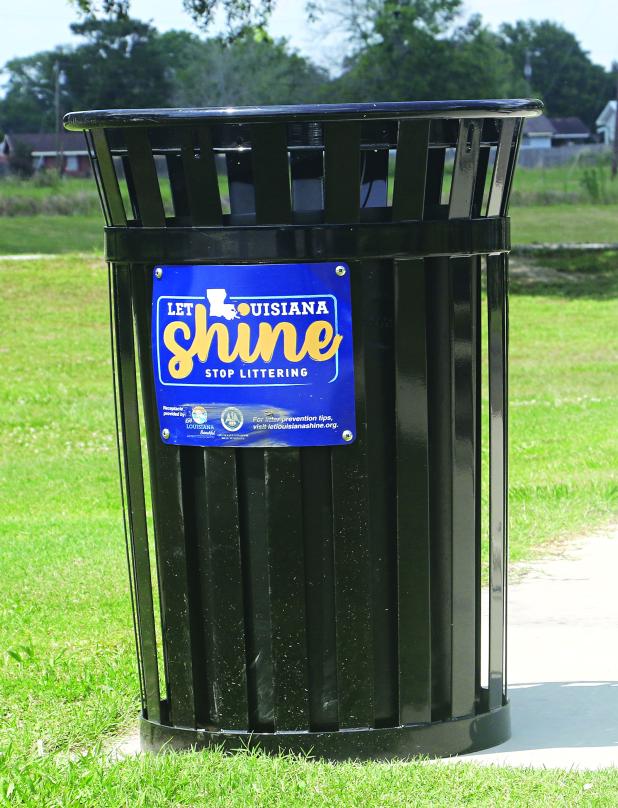 A trash can at the Walking Park in Eunice. 