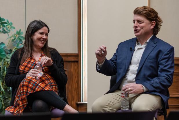 Washington reporters Ashley Parker and Michael C. Bender talked about covering President Trump. (Photos by Matthew Perschall/LSU Manship School News Service)