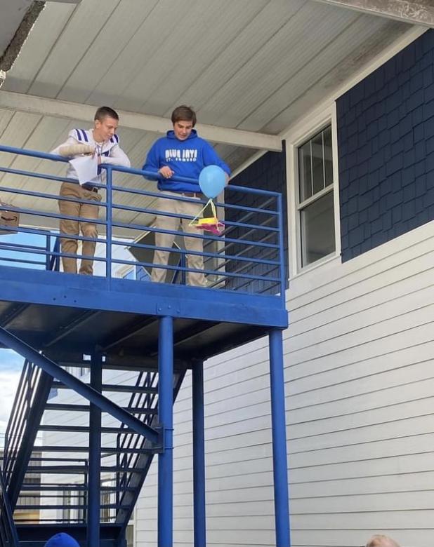 St. Edmund students in Clay Harper’s physical science class conducted an Egg Drop Experiment while studying Sir Isaac Newton’s Laws of Motion. From left are Seth Aucoin and Braxton Luquette. (Submitted photos)