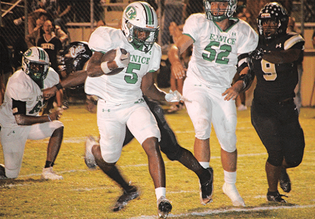 Bobcat runner Thaddeus Godfrey carries against Leesville. (Photo by Rhett Manuel)