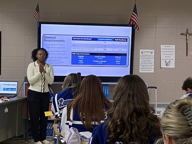 D’Ondra King, admissions counselor with McNeese State University, presented valuable information to St. Edmund High School seniors. 