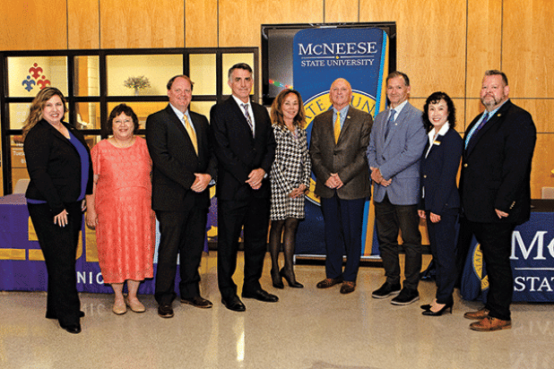 From left, are Angela Sonnier, LSUE director of radiologic technology; Dr. Mae Simoneaux, LSUE director of nursing; Todd Dozier, LSUE dean of arts and sciences; Dr. John Hamlin, LSUE vice chancellor of academic affairs; Dr. Nancee Sorenson, LSUE chancellor; Dr. Daryl Burckel, McNeese State president; Dr. Chip LeMeiux, McNeese provost and vice president for academic affairs and enrollment management; Dr. Suming “Sherry” Bai, dean of McNeese College of Business; and Greg Bradley, McNeese director of radiologi