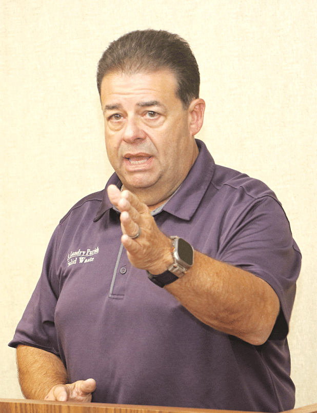 Richard LeBouef, St. Landry Parish Solid Waste Commission executive director, speaks at Tuesday’s Eunice Board of Aldermen meeting. (Photo by Harlan Kirgan)
