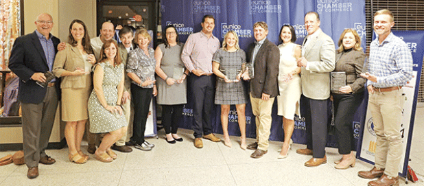 Award-winners, from left, are Lance Pitre, Laura Pitre, Bonnie Kyzar, Gabe Ortego, Rick Nesbitt, Susan Vigee, Erika Fontenot, Cole Frey, Alicia Mire, Michael Fruge, Holly Bertrand, Kip Bertrand, Carey  Lawson, and the Rev. Andrew Bates. Award-winner Katie Richard was not available for the photo at the ceremony held Tuesday in the Dr. Anthony Mumphrey Center on the LSUE campus. (Submitted photo)