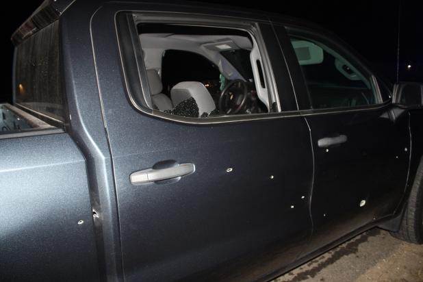 The St. Landry Crime Stoppers photo shows a bullet-riddled pickup truck after a shooting on Moonlight Road in the Lawtell-Lewisburg area. 